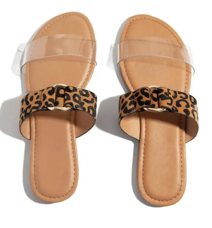 Fish Mouth Open Toe Lightweight Fashion Ladies Flat Slippers Leopard Print Transparent Belt One Font Women Summer Slippers
