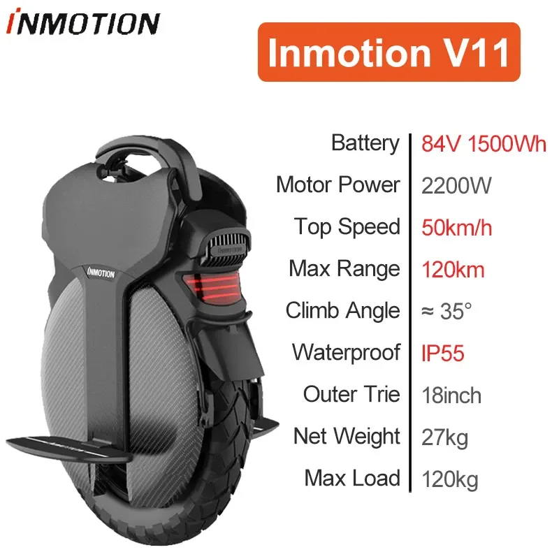 Inmotion V11 Fast Speed 50km/h Off-Road Electric Unicycle for Adults 2000W Motor Electronic Smart Type Max Load 120kg