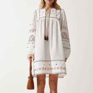 Clothing Manufacturers Custom Spring Summer Autumn Puff Sleeve Embroidered Print Tassel Straps Linen Dress