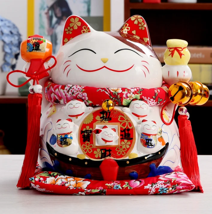 New Year Custom LOGO Porcelain 11 Inches Large Big Size Wealth Waving Hand  Ceramic Lucky  Fortune Cat Coin Piggy Bank