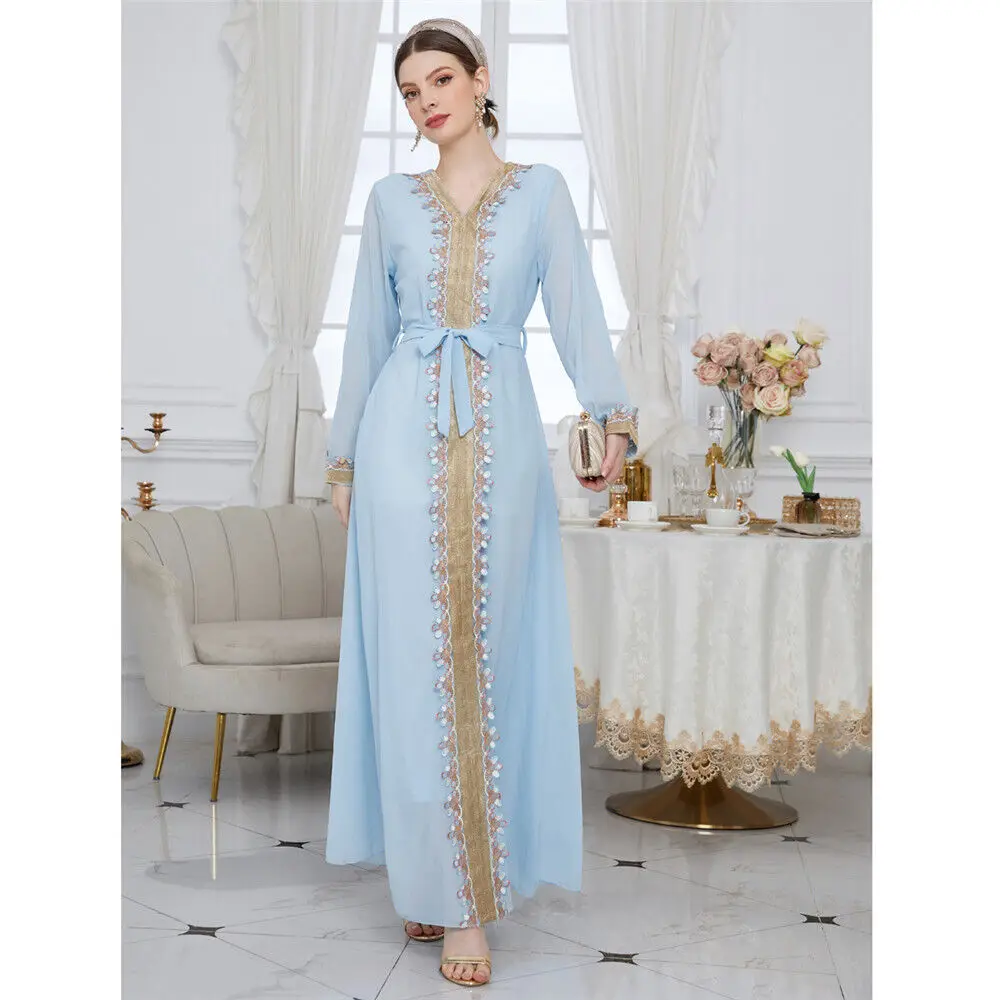 Fashion Muslim Women's Long Sleeve Dress Pleated Maxi Gown Dubai Kaftan Robe