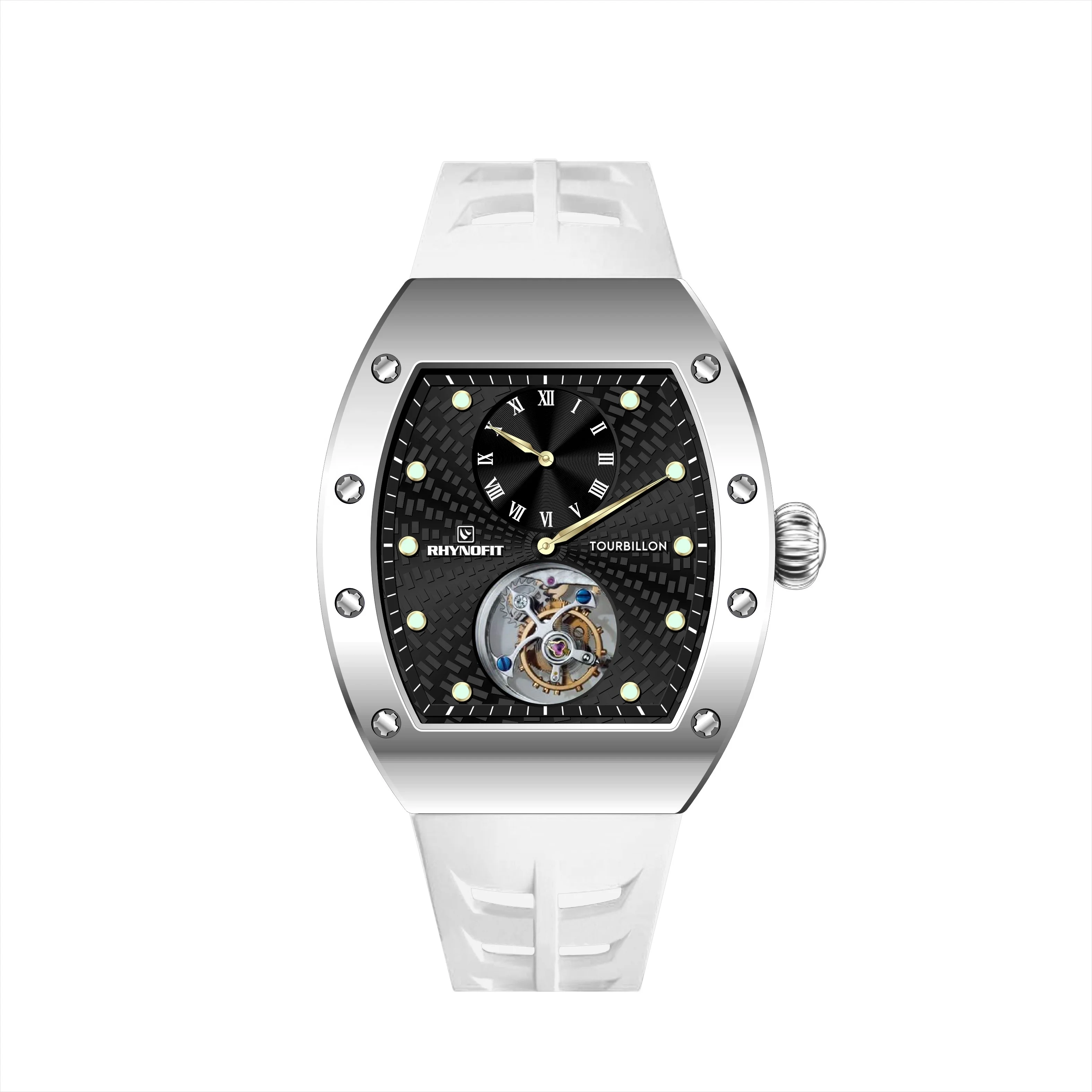 Seagull Tourbillon Skeleton ST8006 Hand Wind Watch Movement Luminous Hour Dot Indicator Silicone Band with Small Dial Watches