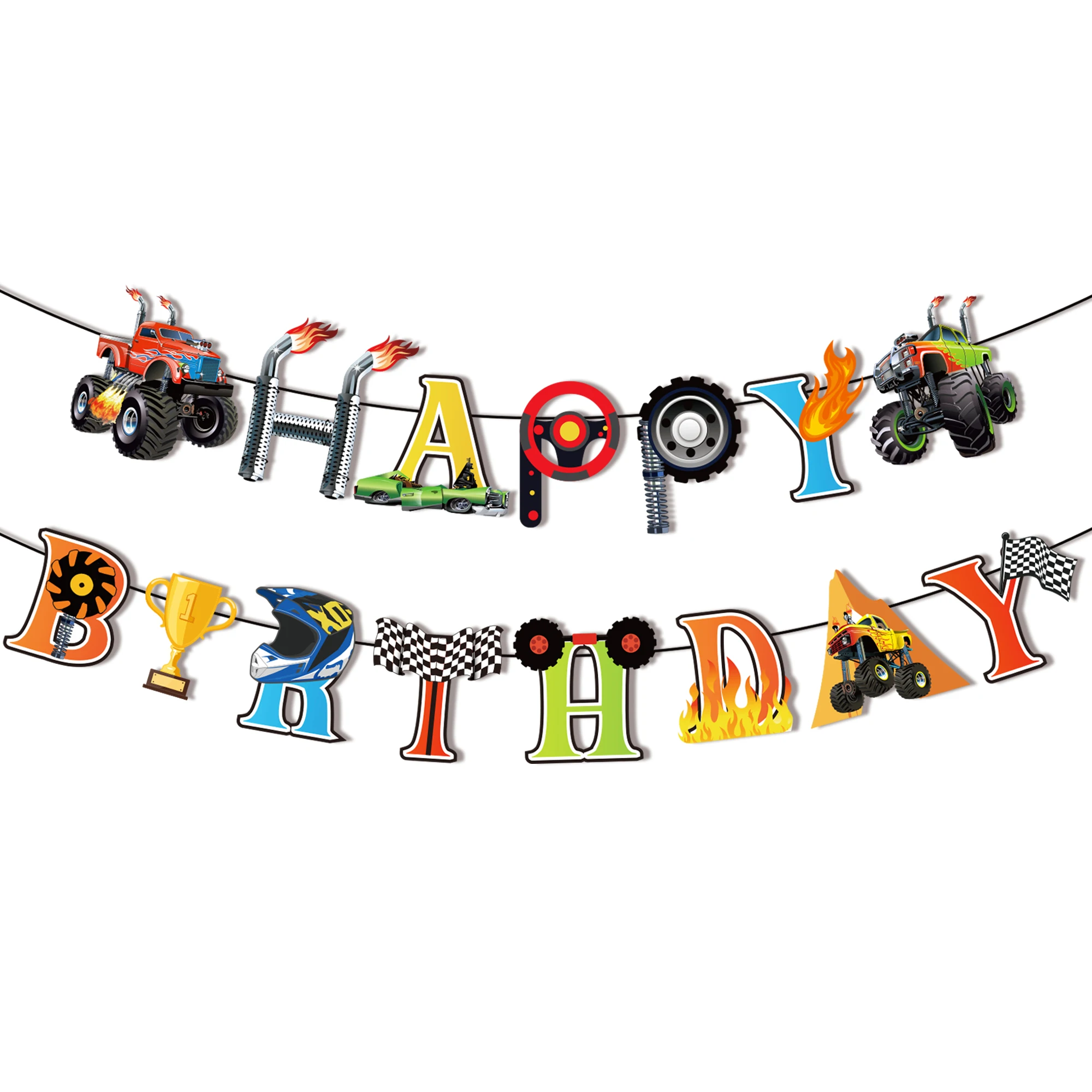 17-teiliges Banner „Happy Birthday“ Mit Blauen LKW-Motiven – 272 Cm Lang, Für Kindergeburtstage & Mottopartys