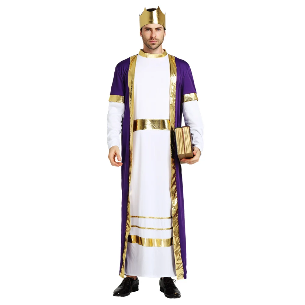 Men Luxury Arabian King Robe Costume for Halloween Cosplay Party White and Purple Dress up with King Headband