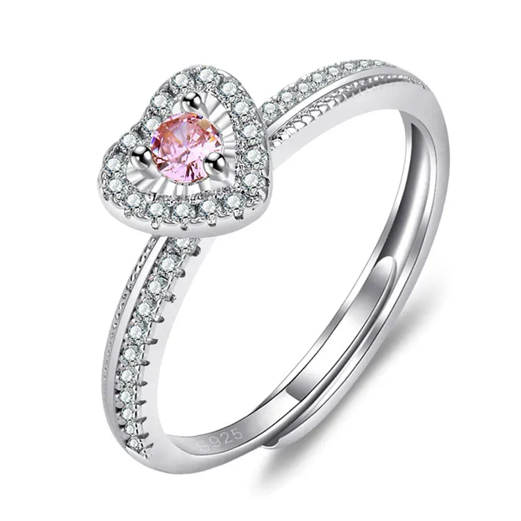 Sweet Pink Diamond Engagement Rings Valentine's Day Classic Adjustable  Silver Plated Full Diamond Love Heart Ring for Women