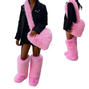 BUSY GIRL HS9271 Custom Boots Fur Boots Womens Size 10 Fur Boots and Bag Women's Pink Faux Fur Set Knee-High Boots Heart Bag