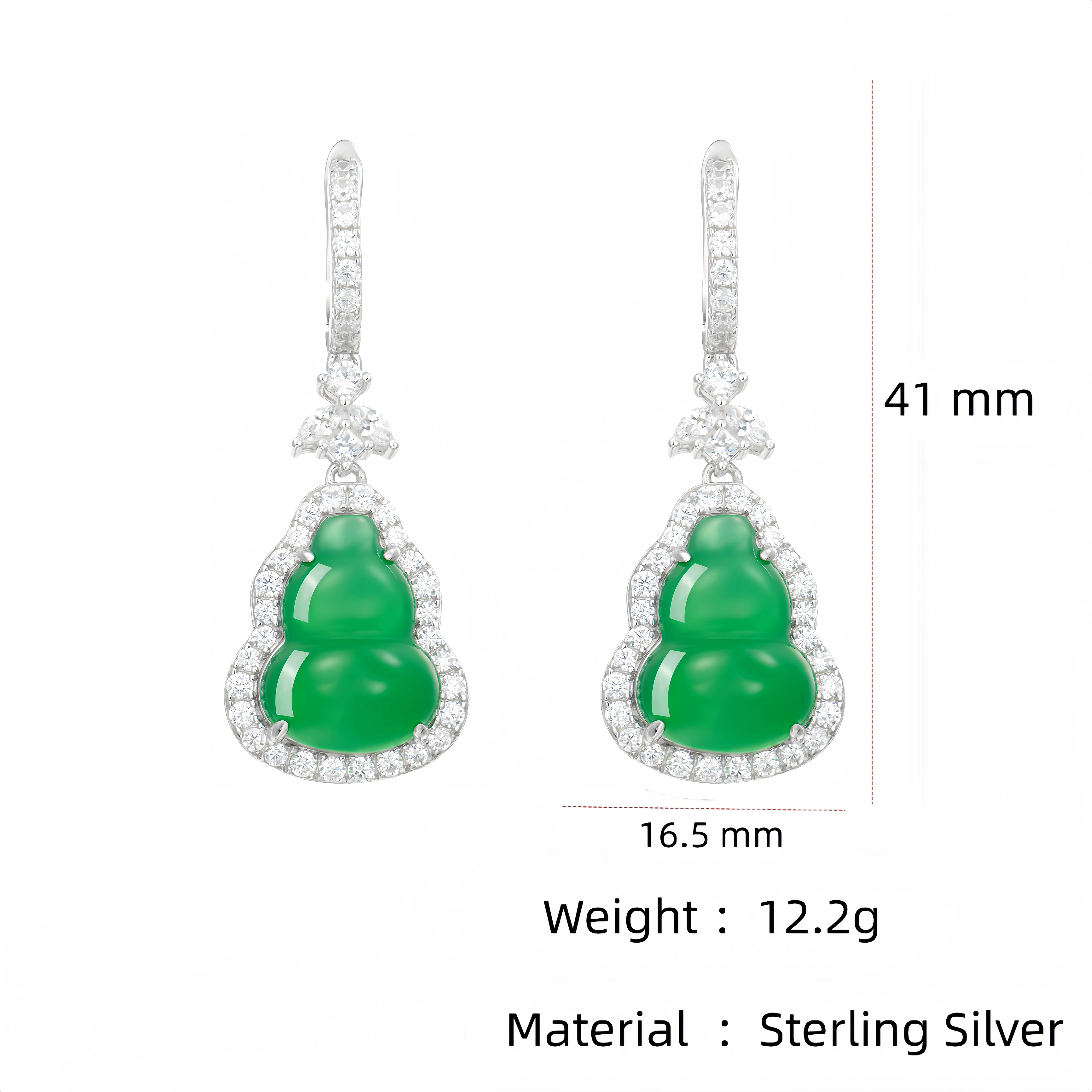 MUSHAN Jewelry Factory High Carbon Diamond Green Natural Chalcedony Gourd Shape Design Drop Earrings S925 Silver Hoop Earrings