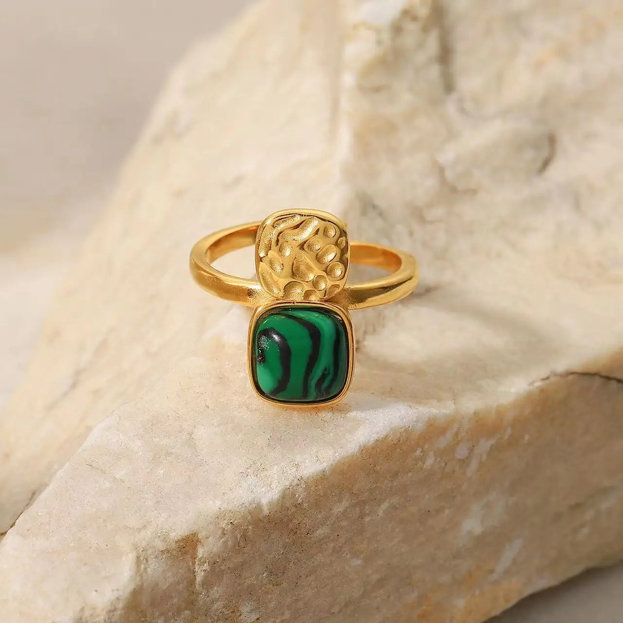 Retro Light Luxury Titanium Steel 18k Gold Green Natural Stone Opening Ring Buy Stainless
