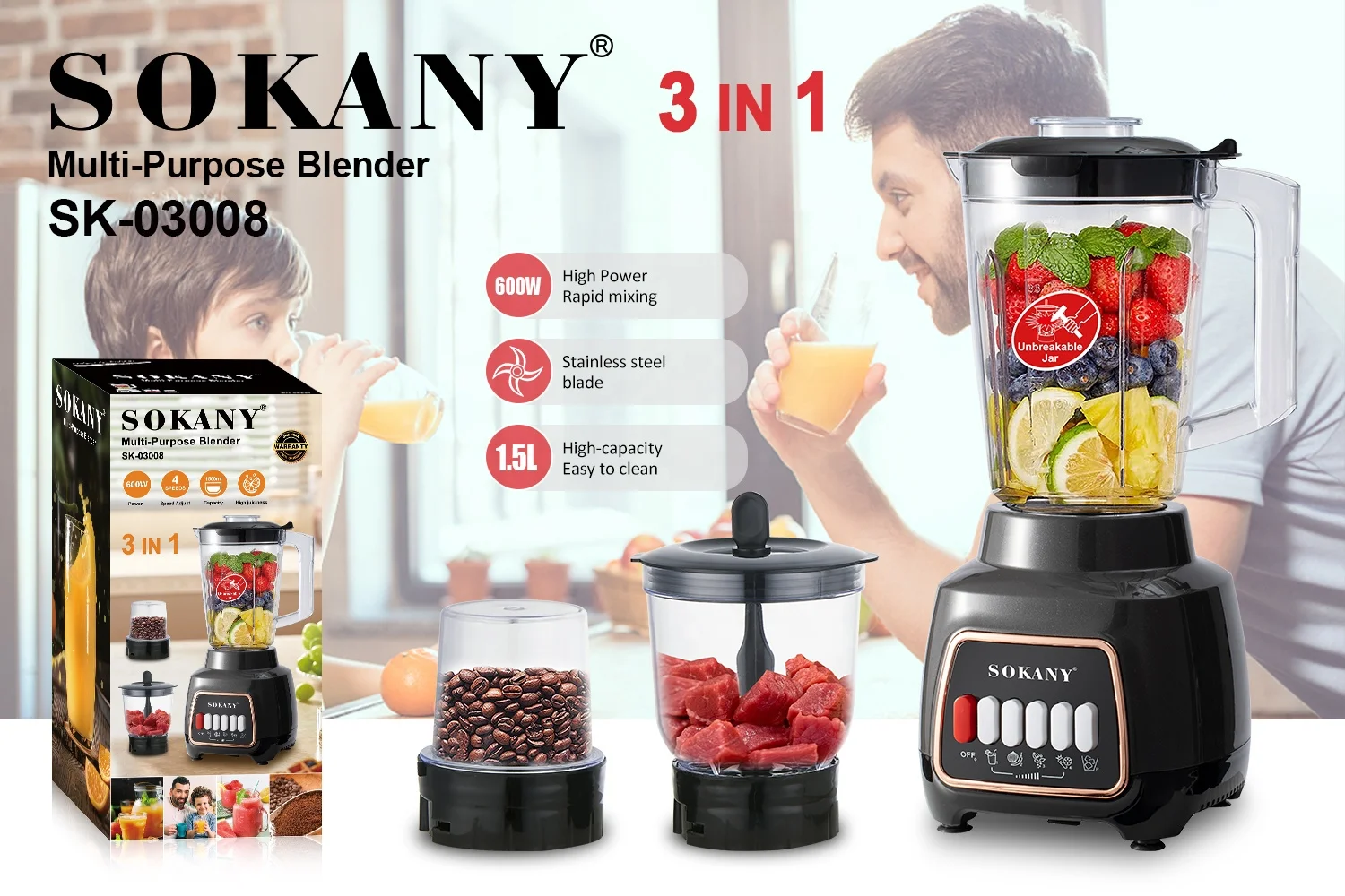 SOKANY    2023  3 in 1 Heavy Duty Fruit Smoothie Maker Blender Food Mixer Juicer Ice Blender