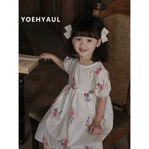 YOEHYAUL Summer Flower Digital Printed Dress for Children Girls Puff Sleeve Back Open Button Baby Kids Dresses for Girls
