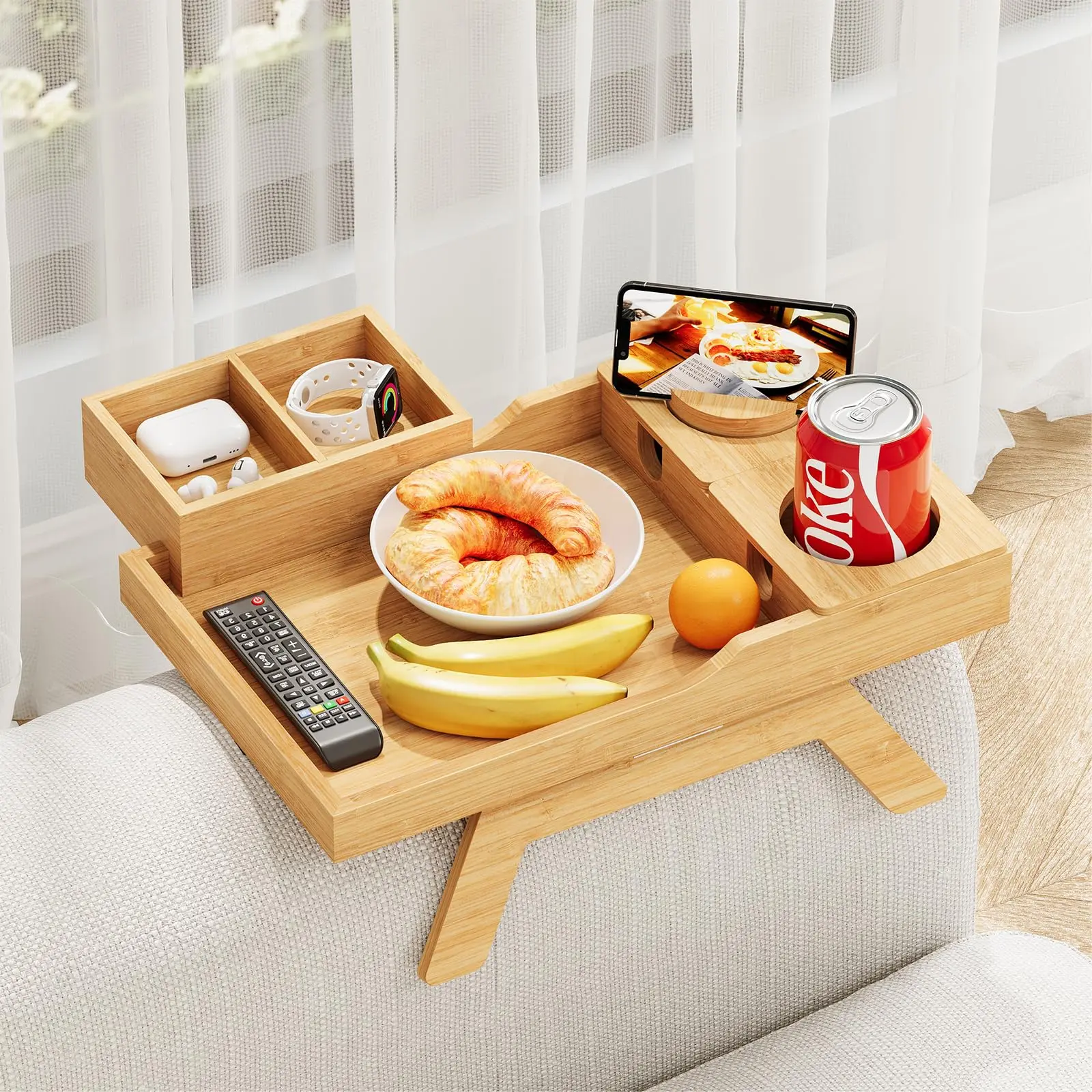 Custom Bamboo Couch Arm Tray Table Clip On Sofa Armrest Tray with Cup Holder Phone Stand Storage Box