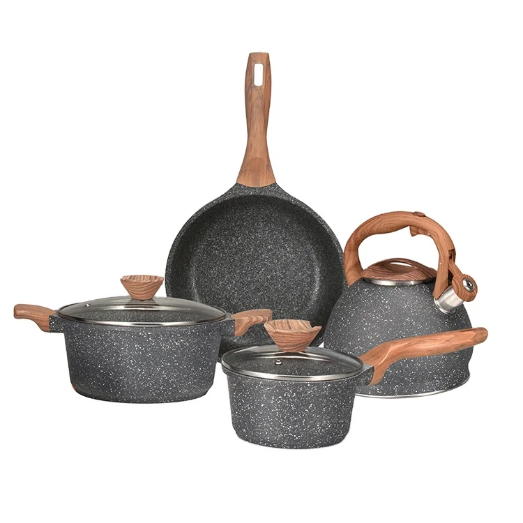 Diecast Granite Coated Wooden Handle 6pcs Aluminium Cookware Set