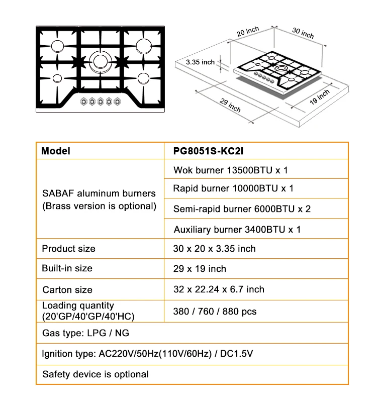 High Quality Builtin Gas Cooktop Chinese Supplier 5 Burner Gaz Hob With 76 Cm (30 Inch) Cocina