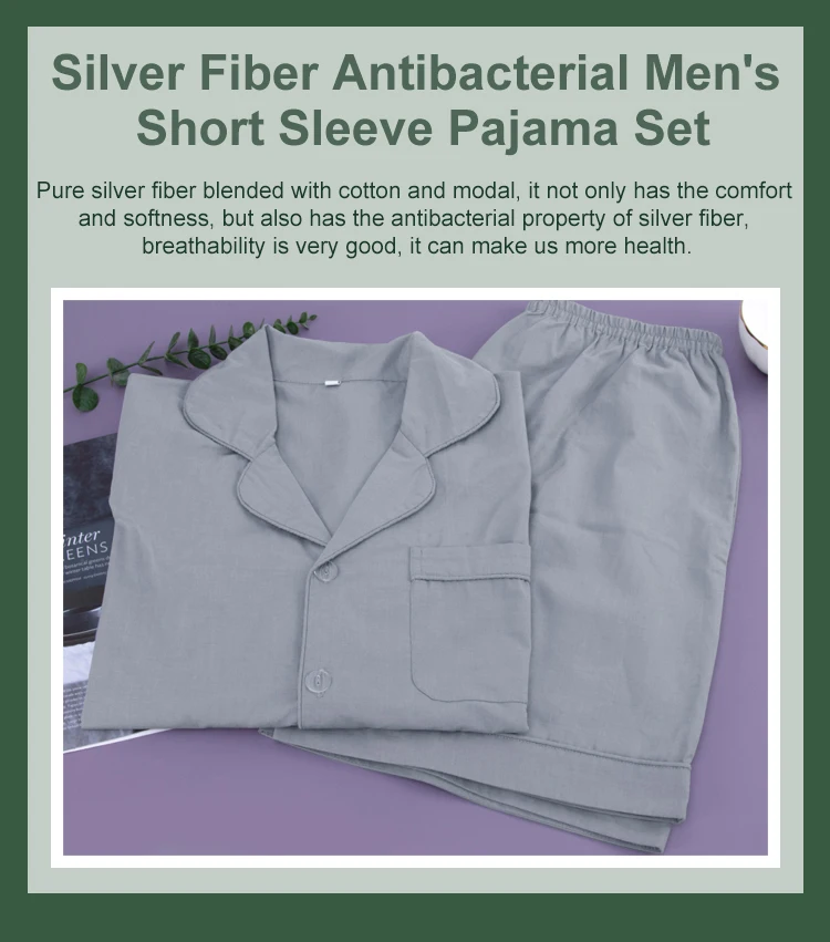 Custom logo soft anti-odor sleepwear pure silver fiber men short pajamas set