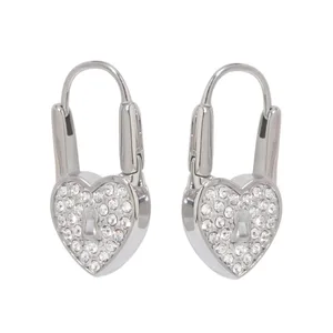 Stylish Stainless Steel Hoop Huggie Earrings with Full Shiny Zircon Trendy Fashion Jewelry Featuring Love Heart Lock Pendant