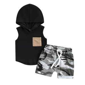 Customizable Cool Boy Summer Outfit Hooded Tank Top Pocket Elastic Waist Shorts Kids Clothing Set
