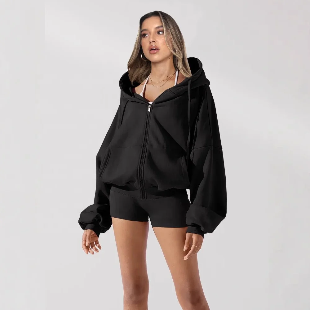 Women's Printed Hooded Sweatshirt Autumn/Winter Cardigan Zipper Plus Size Long Sleeve Sports Jacket Casual Solid Color XS Size