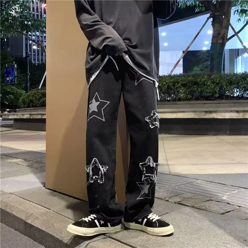 Vintage Star Men's Light Wash Baggy Jeans Mid Casual Korean Denim Pants Streetwear Printed Patchwork Y2K Male Straight Trousers