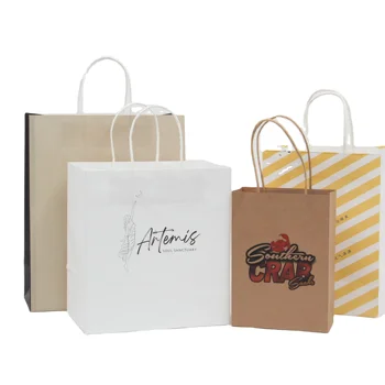 Cheap Recycled Custom Logo Printed Grocery Shopping Packaging Brown White Kraft Paper Bag With Handles for Gifts Clothing