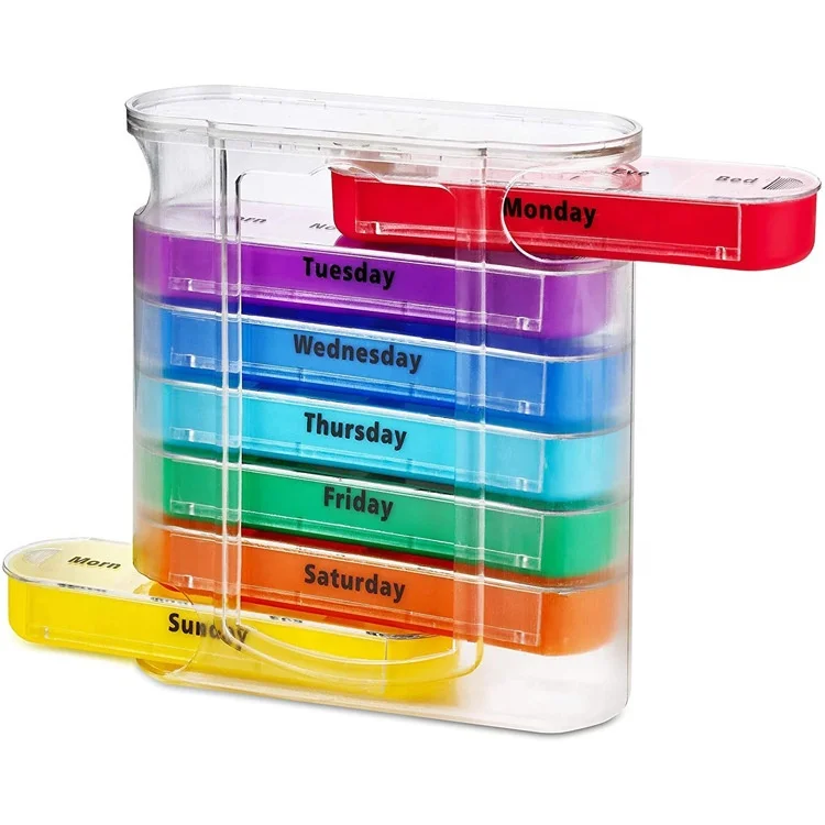Portable Transparent Support rainbow 7-layer 28 Grid Pill Manager Stackable Drawer Moisture-proof Plastic Medicine