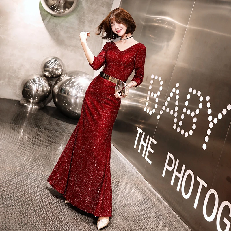 long sleeve formal cocktail dresses Elegant Long Purple Satin Dress with Beading Pleats and Long Sleeves f –  Newinlook