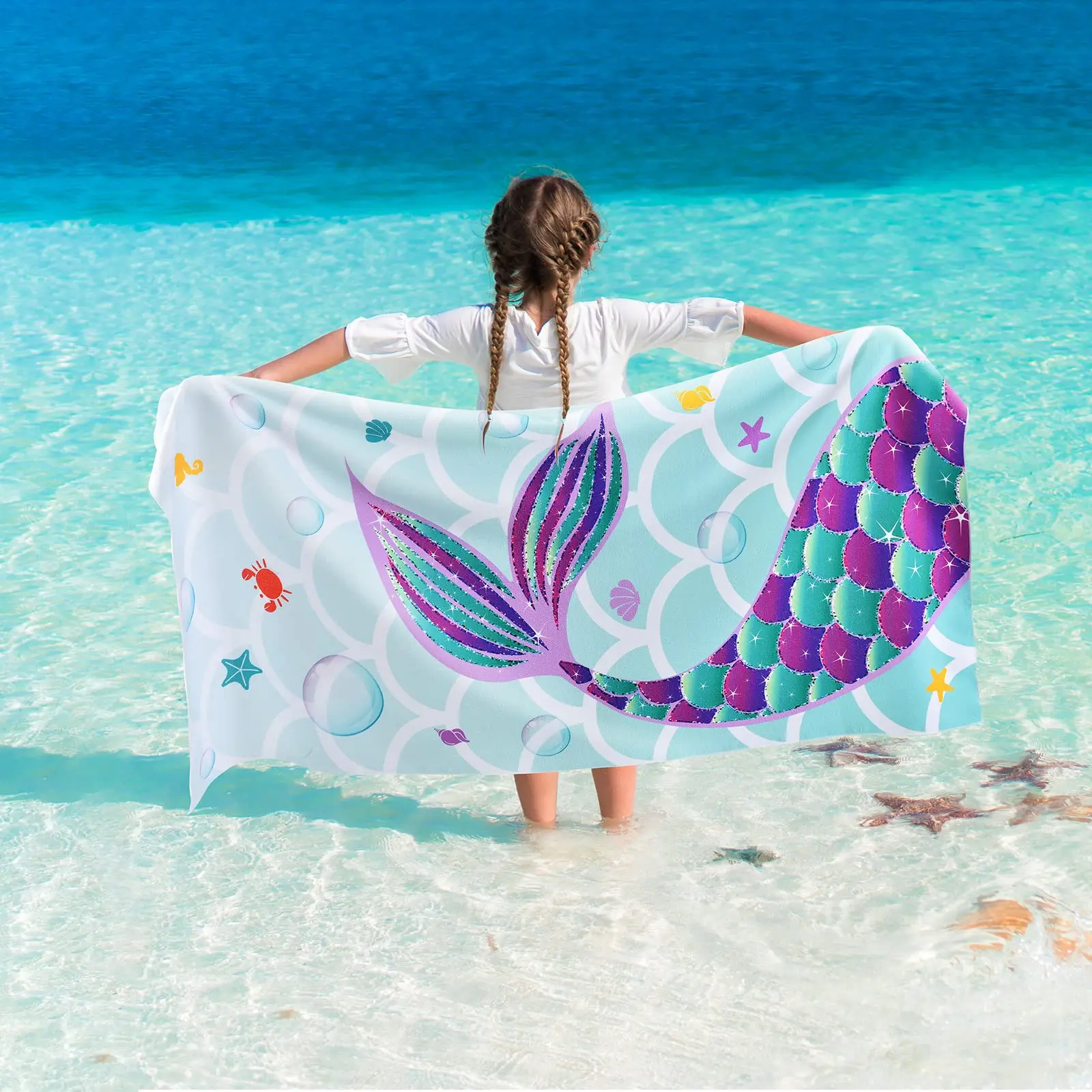 Customized 100x180cm Microfiber Kids Beach Towel Soft Mermaid Tail Design for Camping Pool Travel Bath Disposable Feature manufacture