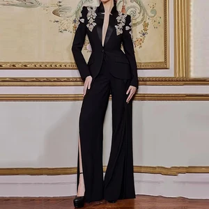 ZYHT 70156 European Style Heavily Embellished Rhinestone Beaded Stand Collar Blazer with Split Trousers Pants Suit Set