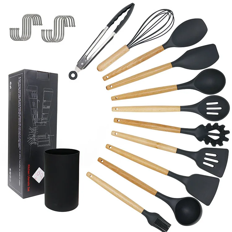 11Pcs Silicond Cooking Utensil Set Heat Resist Wooden Handle