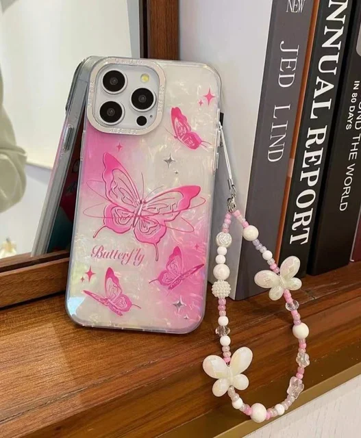Ins Shell pattern shining sweet butterfly full package anti drop suitable for iPhone 14Promax 15Pro phone case with strap