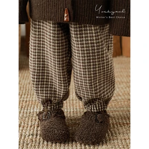 Children Girls Retro Duffle Houndstooth Pattern Woven Pants Winter Children's Fashion Cute Windproof Warm Pants