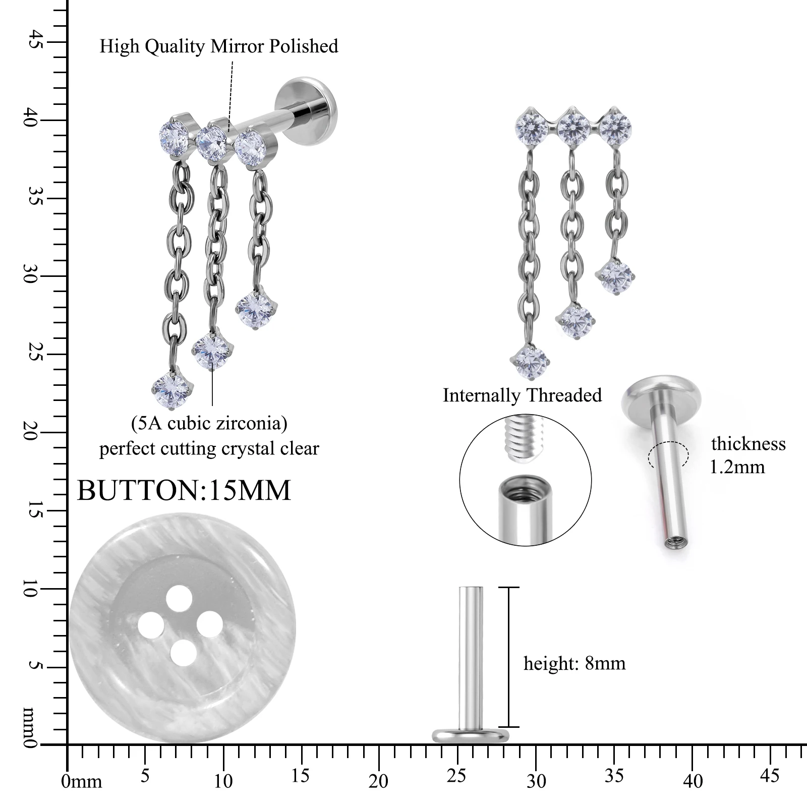 ASTM F136 Titanium Chain and Hinged Earring Zircon Inlay Ear Studs Labret Sling Originality Punk Body Piercing Jewelry