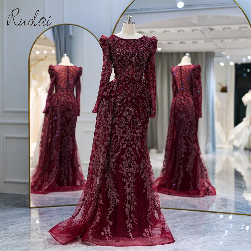 Ruolai Lwc8129 Luxury Evening Dress Beaded Crystal Long Sleeve Scoop ...