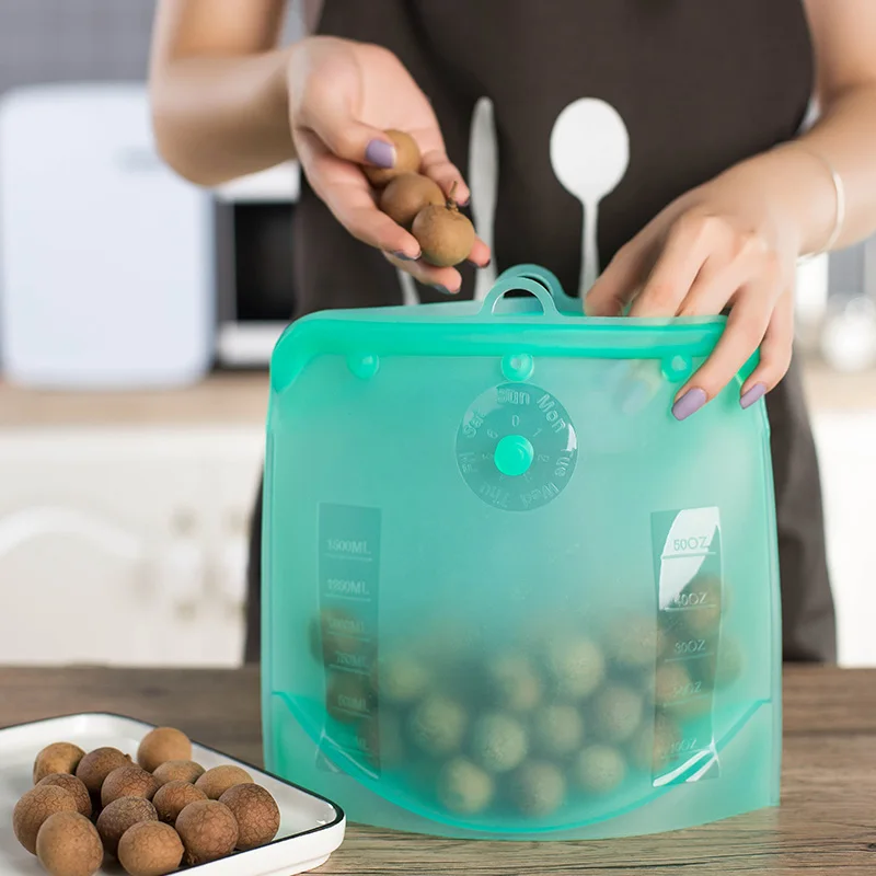 Newest Design Kitchen Fridge Containers Stand up Sous Vide Reusable Bag Silicone Food Storage Bag
