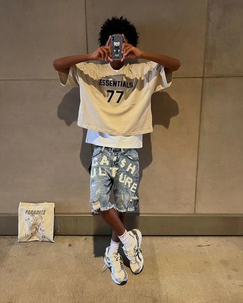 Custom Streetwear Summer Cotton Printed Double Waisted Knee High Baggy Oversize Heavyweight Jeans Shorts Denim Shorts for Men gallery 3