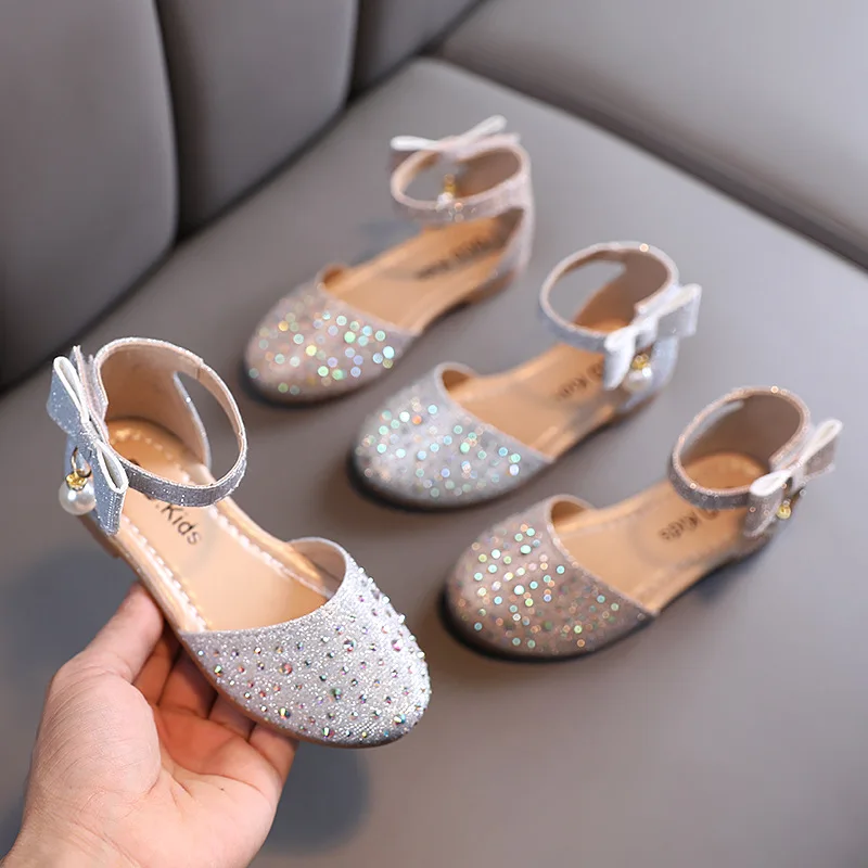 New Spring and Summer New Trendy Kids Sandals Pearl Rhinestone Shoes Fashion Girls Bow Kont Princess Shoes Children