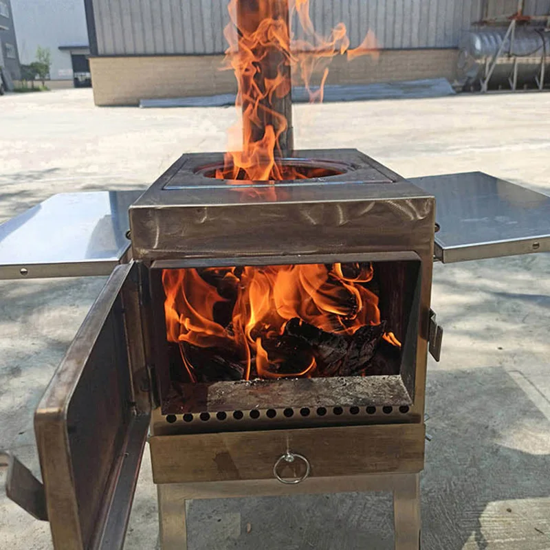 Camping firewood stove with chimney pipe wood burning barbecue tent heating stove