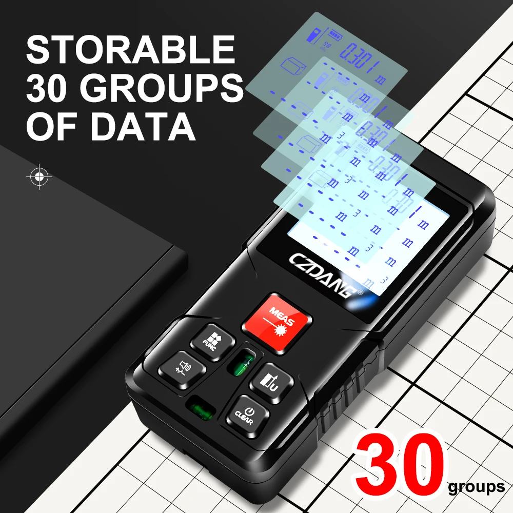 미터/피트/인치/피트+인치 단위 변환 가능, 측정 범위 120미터/394피트, 2개의 수평계가 장착된 디지털 레이저 적외선 거리 측정기  줄자