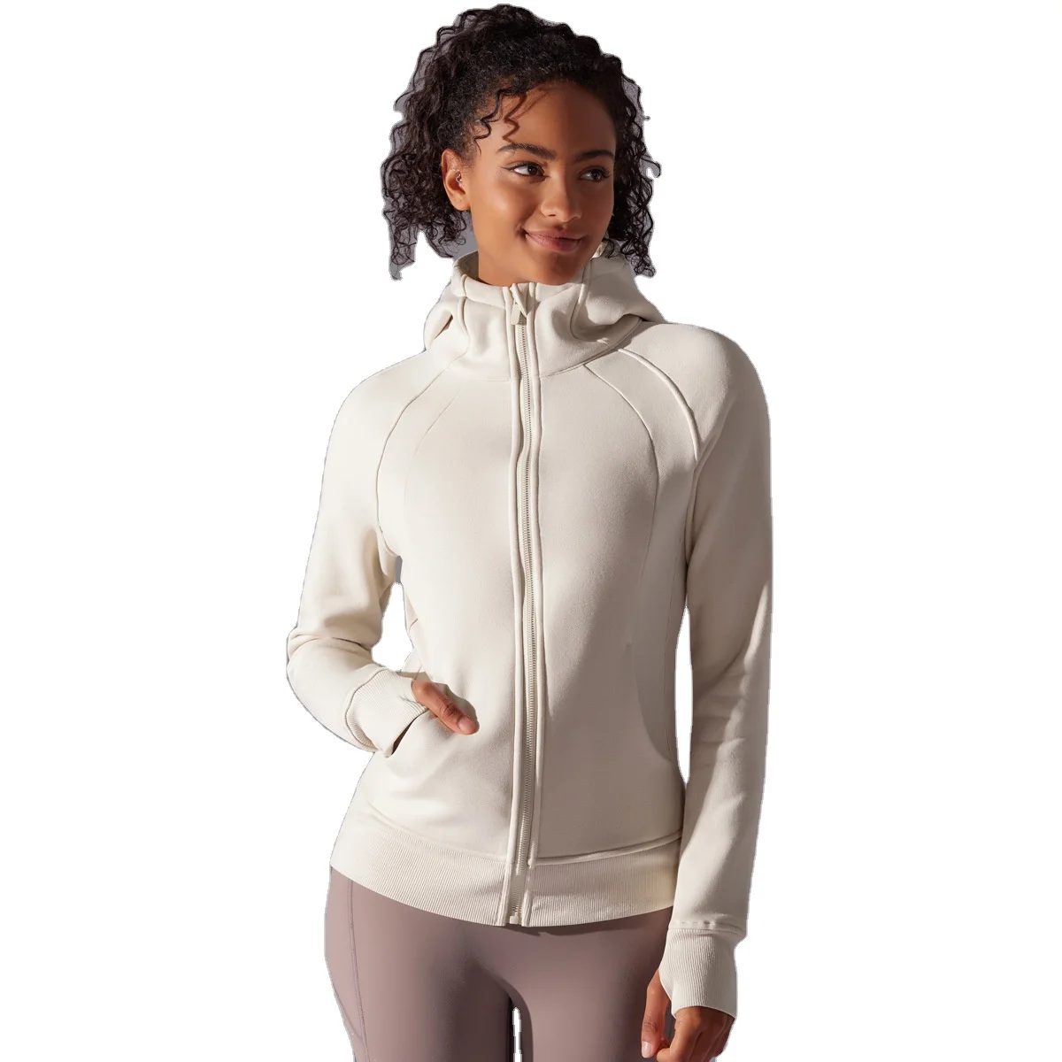 Custom Logo Yoga Cotton Thumb Holes Stand Collar Full Zip up Winter Fleece  Fitness Jackets Gym Women Sports Jacket With Pockets