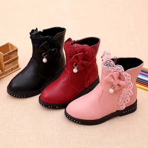 Children's Winter Warm Boots Girls Princess Ankle Boots Ruffled Bow Pearl Fashion Dress Boots