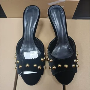 QuiteS 2026 New Black Suede Metal Stud Open-Toe Stiletto Heels Rubber Sandals Casual Sexy Shoes for Women