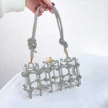 Luxury Transparen Crystal-Embellished Rope Acrylic Clutch Rhinestones Evening Clear Party Wedding Shoulder Bag Crystal For Women