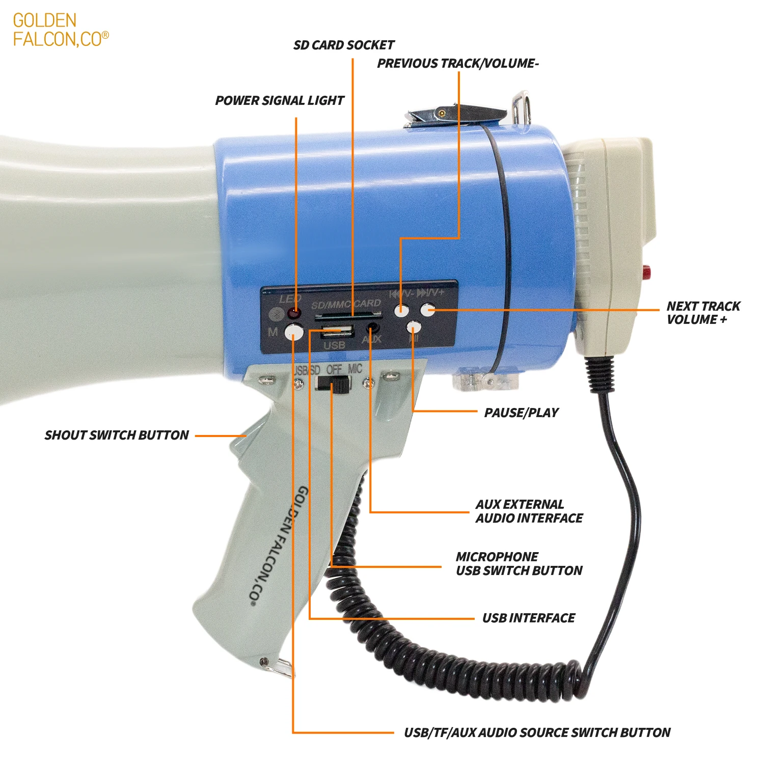 High Quality 50W Handheld Megaphone with Record Music BT SD Card  Rechargeable Megaphone for Indoor Outdoor