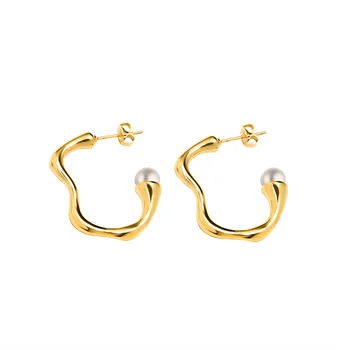 Wholesale Women Jewelry Gold Color Metallic Imitation Pearl Earring Summer Exaggerated Irregular C Shape Hoop Earrings
