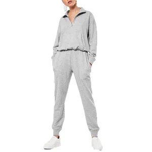 Custom Blank Women's New Half Zipper Cotton 2-Piece Set Breathable Round Neck Oversize Shirt and Jogging for Summer