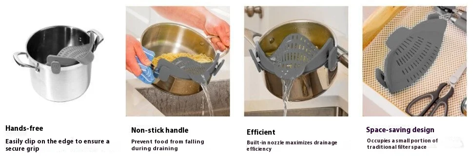 Creative New Style Kitchen Tools Waterproof Silicone Pot Edge Drainer Vegetable Noodle Water Filter Pouring Colander Strainer details