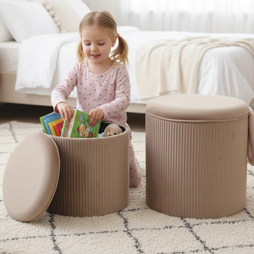 HStex Factory Wholesale Velvet Custom Round Lid Space Saving Furniture Living Room Storage Box Pouf Stool Ottoman