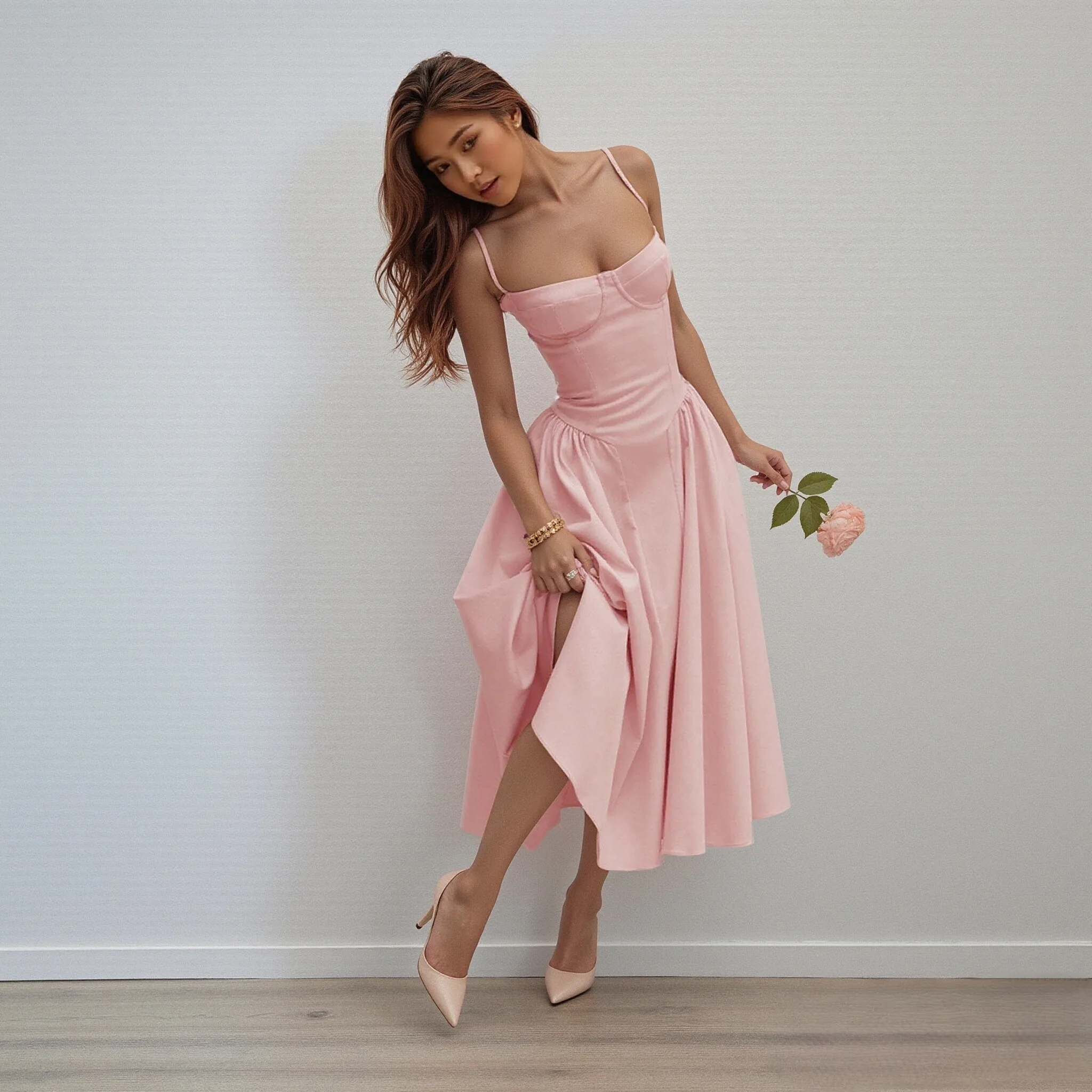 strapless open back dress Red & Pink Jacquard Midi Dress - All Dresses main image 1