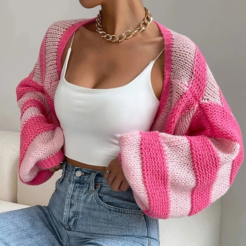 Spring Women's Thin Striped Cardigan Knitted Custom Crop Top Oem Knitwear Two Colour Sweater Design