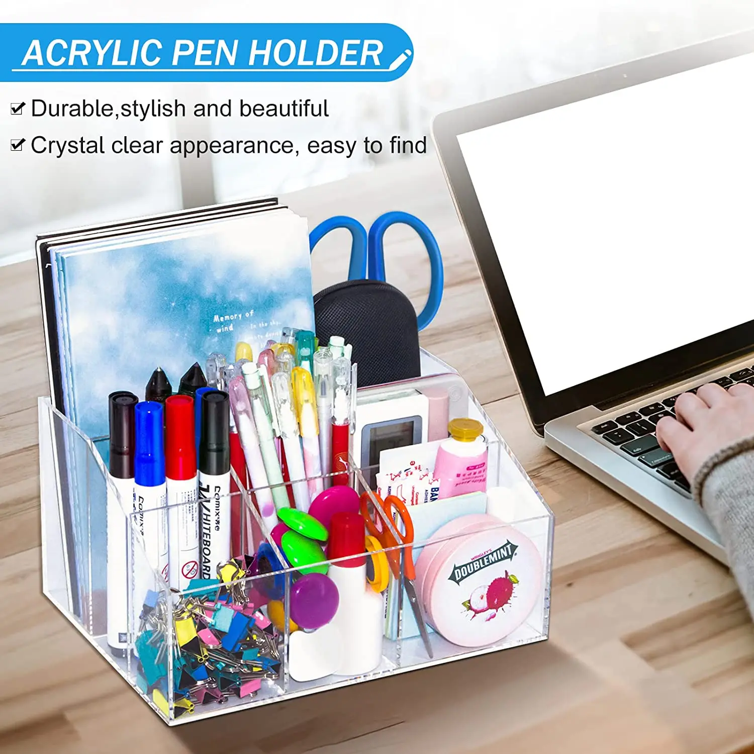 7 Compartment Desktop Organizer, Clear Acrylic Pen Holder (8.7 x 6.5 x 4.52  In)