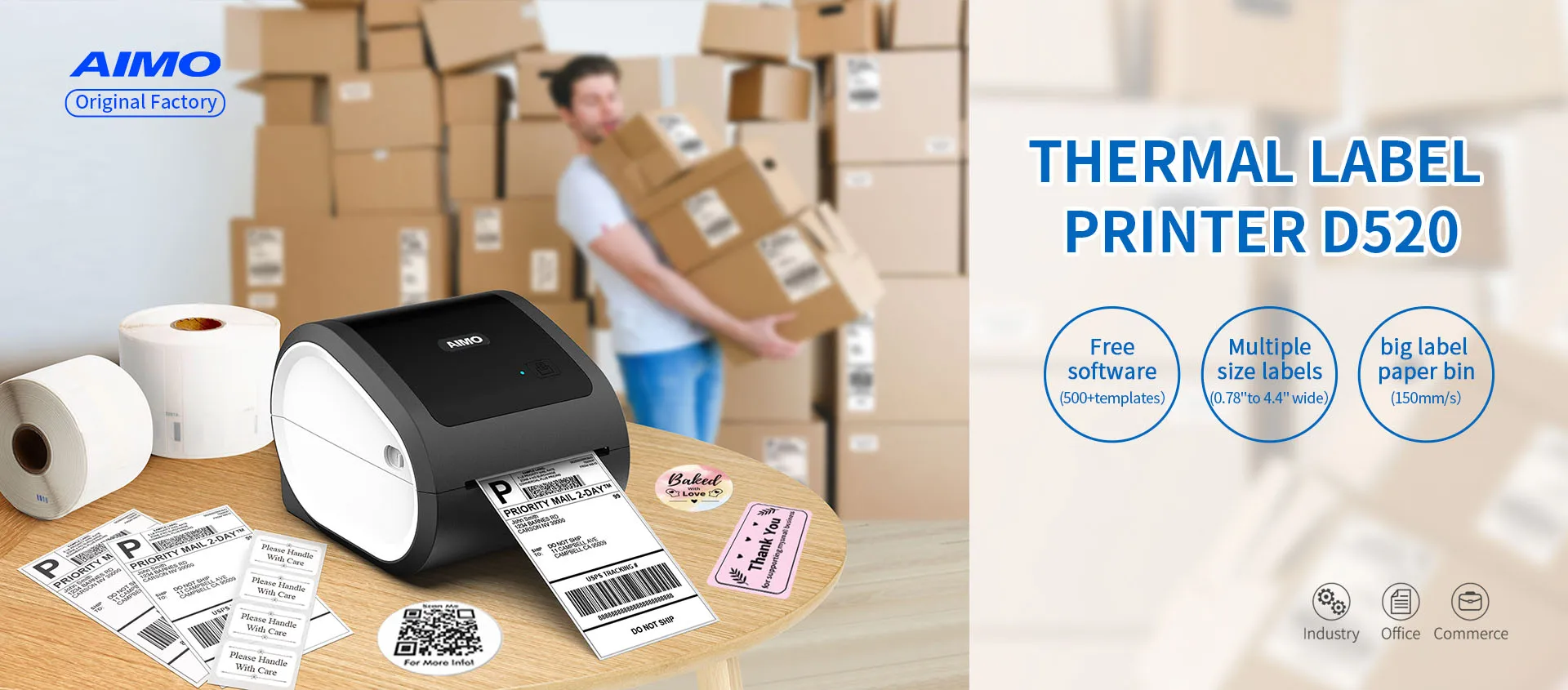 Aimo D520 Thermal Shipping Label Printer 4x6 Roll Label Bluetooth With